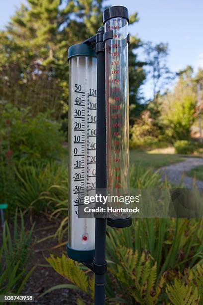 thermometer and rain gauge in a garden - pluviômetro - fotografias e filmes do acervo