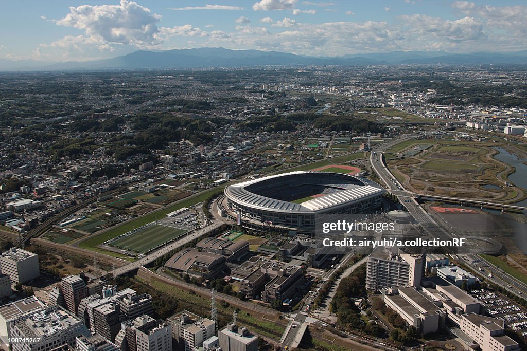 Aerial view of Nissan stadium, Yokohama City, Kanagawa Prefecture, Honshu, Japan