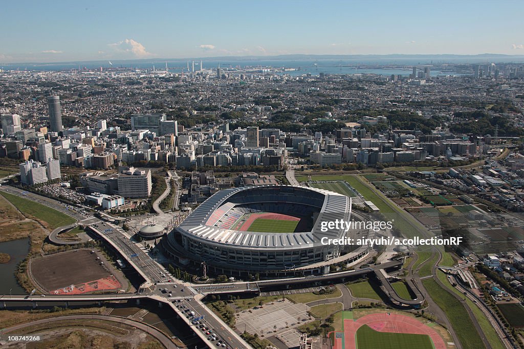 Aerial view of Nissan stadium, Yokohama City, Kanagawa Prefecture, Honshu, Japan