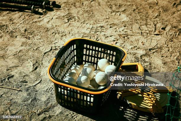 used soft baseballs and tape measure put on ground. - basket ball stock-fotos und bilder