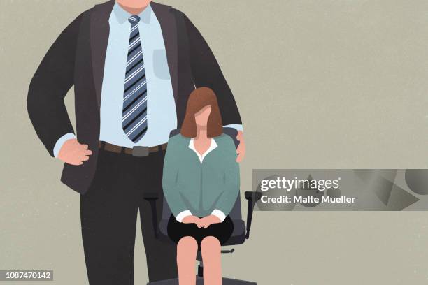 businesswoman sitting in office chair next to giant man in suit - threats stock pictures, royalty-free photos & images