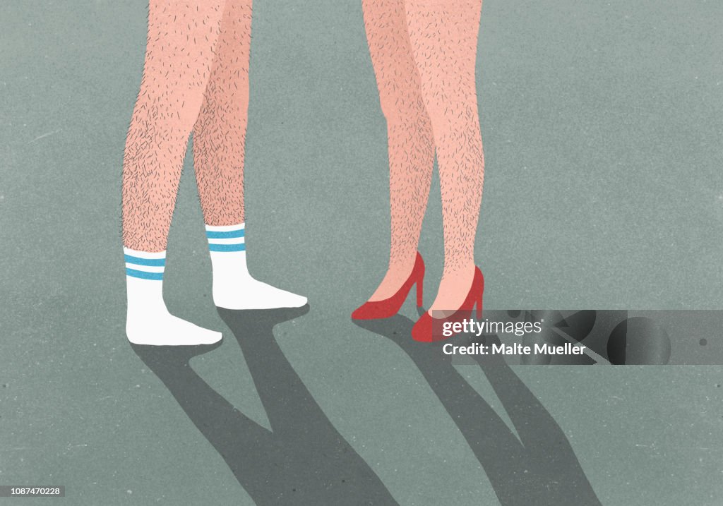 Low section of man wearing sports socks and woman wearing high heels both with hairy legs