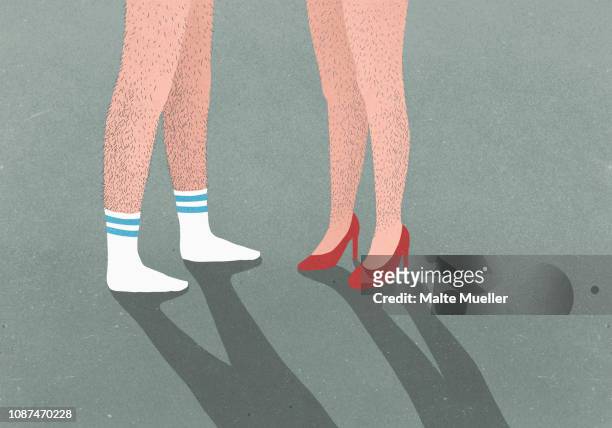 low section of man wearing sports socks and woman wearing high heels both with hairy legs - hairy women stock pictures, royalty-free photos & images