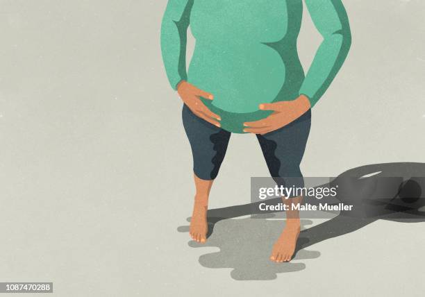 low section of pregnant woman standing and going into labor against gray background - stomach illustration stock pictures, royalty-free photos & images