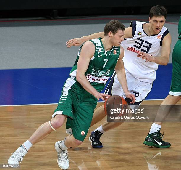 Martynas Pocius, #7 of Zalgiris Kaunas in aciton against Marko Tomas, #33 of Fenerbahce Ulker Istanbul during the 2010-2011 Turkish Airlines...
