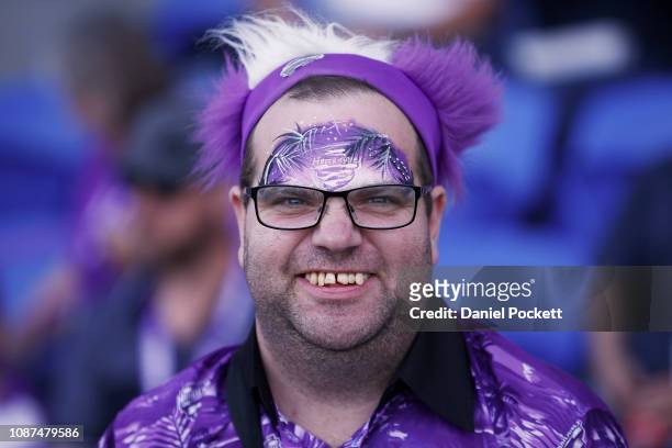 Hurricanes fan shows his support during the Big Bash League match between the Hobart Hurricanes and the Sydney Thunder at Blundstone Arena on...