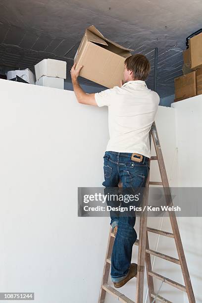 a man on a step ladder tidying up the attic - attic storage stock pictures, royalty-free photos & images