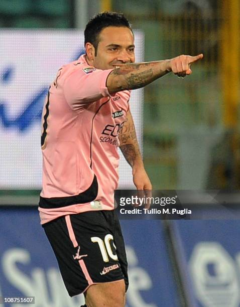 Fabrizio Miccoli of Palermo celebrates after scoring the opening goal of the Serie A match between US Citta di Palermo and Juventus FC at Stadio...