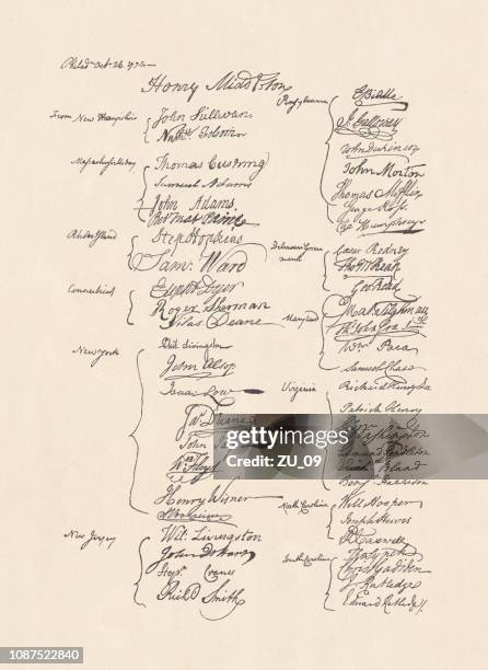 signatures of the petition to the king george iii (1774) - letter document stock illustrations