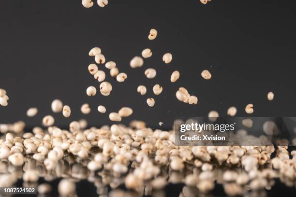 puffed  millet with black background - mijo fotografías e imágenes de stock