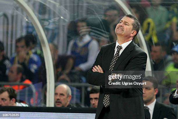 Ylias Zouros, head coach of Zalgiris Kaunas reacts during the 2010-2011 Turkish Airlines Euroleague Top 16 Date 3 game between Fenerbahce Ulker...