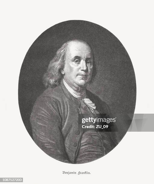 stockillustraties, clipart, cartoons en iconen met benjamin franklin (amerikaans staatsman, 1706-1790), houtgravure, gepubliceerd in 1886 - ben franklin portrait