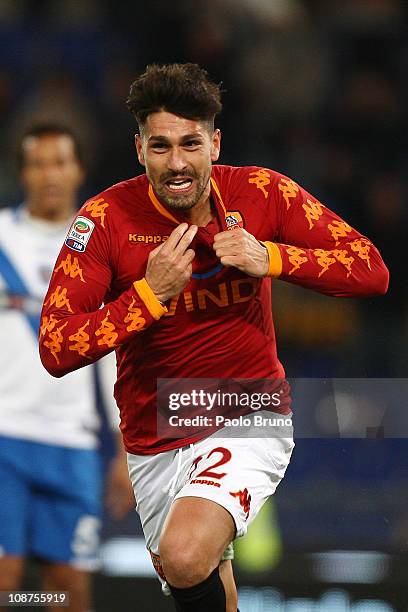 Marco Borriello of AS Roma celebrates after scoring the opening goal of the Serie A match between AS Roma and Brescia Calcio at Stadio Olimpico on...