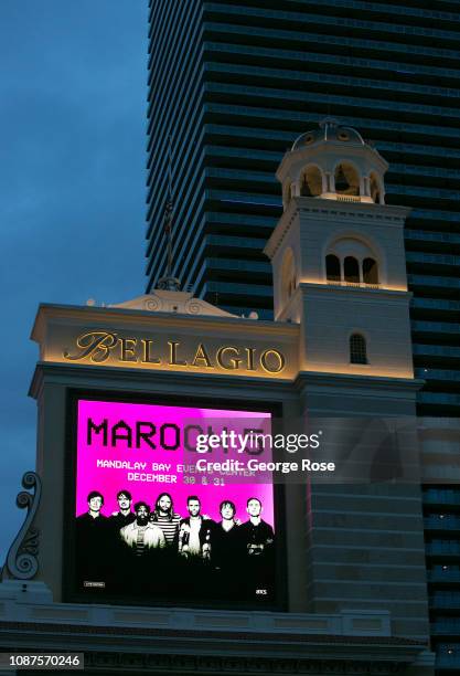 An outdoor electronic billboard at the Bellagio Hotel & Casino promotes a Maroon 5 concert on December 17, 2018 in Las Vegas, Nevada. During the...