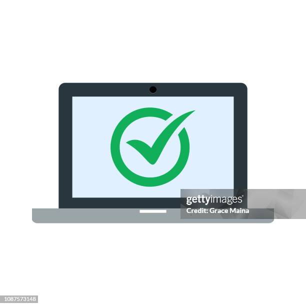 Done Check Sticker In Computer Laptop Computer With A Tick Check Mark Vector High-Res Vector Graphic ...