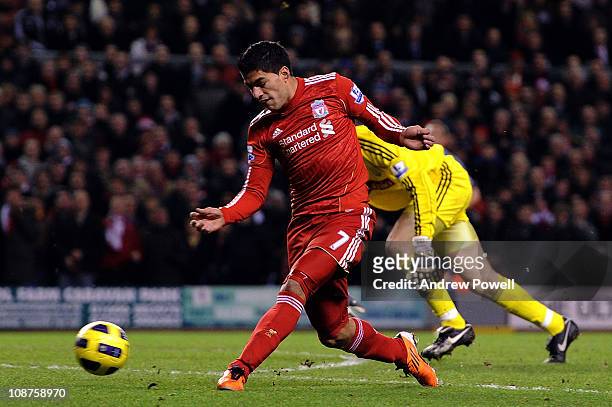 Luis Suarez of Liverpool scores the second goal during the Barclays Premier League match between Liverpool and Stoke City at Anfield on February 2,...