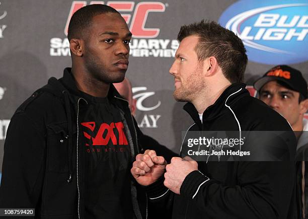 Light Heavyweight opponents Jon Jones and Ryan Bader face off at the UFC 126 pre-fight press conference at the Mandalay Bay Resort and Casino on...