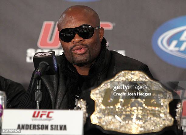 Middleweight Champion Anderson Silva at the UFC 126 pre-fight press conference at the Mandalay Bay Resort and Casino on February 2, 2011 in Las...