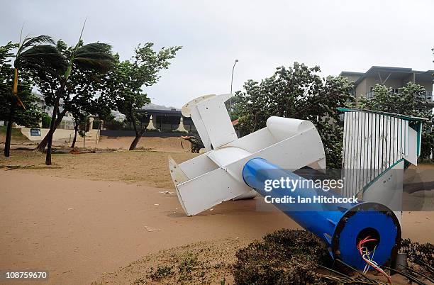 Seen is the destroyed wind turbine on the 'Strand' after it was knoocked over after the passing of Cyclone Yasi on February 3, 2011 in Townsville,...