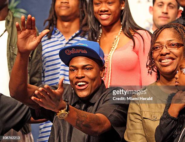 Football player Marcus Roberson smiles after he signed with the University of Florida during the National Signing Day for student/athletes at Saint...