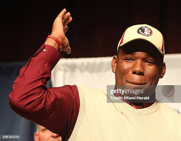 Bobby Hart does the tomahawk as he signs with Florida State University at National Signing Day for student/athletes at Saint Thomas Aquinas in Fort...