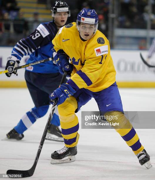 Filip Hallander of Sweden versus Finland at the IIHF World Junior Championships at the Save-on-Foods Memorial Centre on December 26, 2018 in...