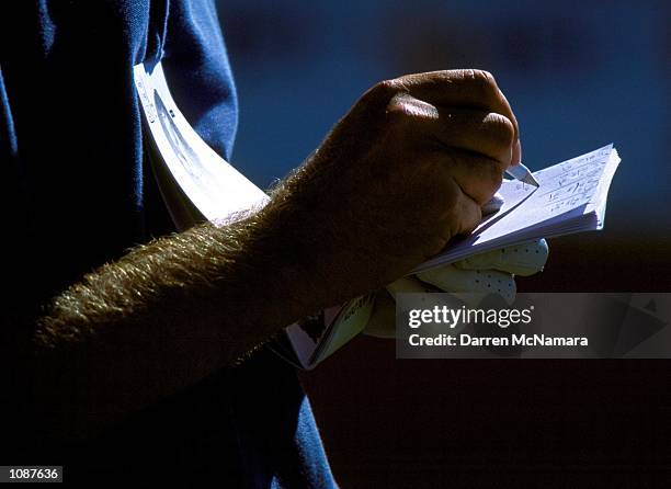 Robert Allenby checks his score card on the 16th tea during the 2000 Australian Golf Open at Kingston Heath Golf course in Melbourne, Australia....