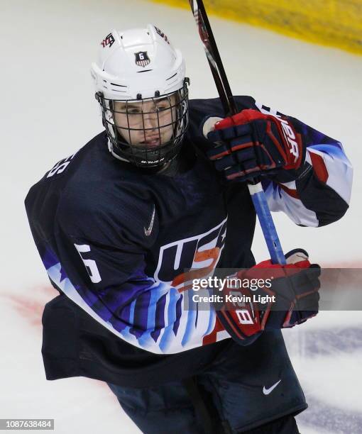 Jack Hughes of United States skates against Slovakia during the IIHF World Junior Championships at the Save-on-Foods Memorial Centre on December 26,...