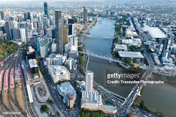 the brisbane cbd, roma street train station and south brisbane- an aerial shot taken from a helicopter - hospital brisbane foto e immagini stock