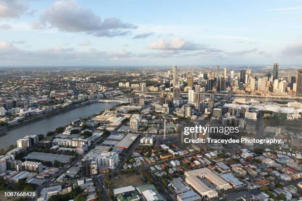 the brisbane cbd- west end -an aerial shot taken from a helicopter - brisbane transport stock pictures, royalty-free photos & images