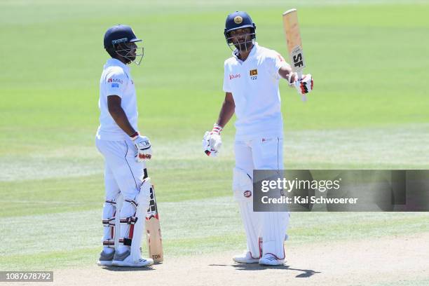 Dinesh Chandimal of Sri Lanka celebrates his half century during day four of the Second Test match in the series between New Zealand and Sri Lanka at...