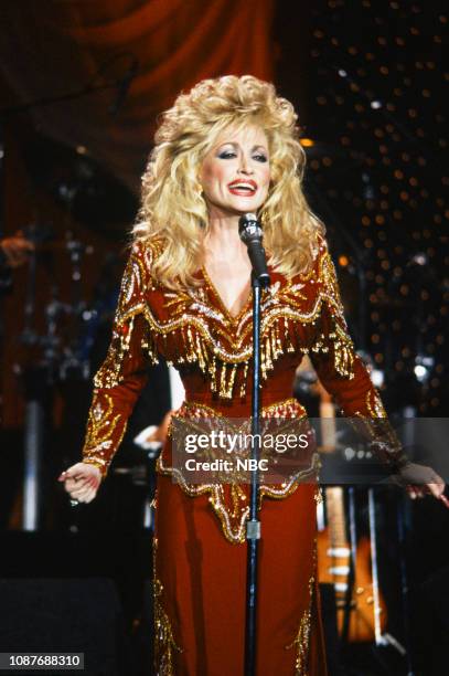 Pictured: Musical guest Dolly Parton performs on December 14, 1990 --
