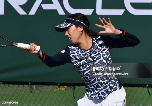 Mayo Hibi in action in a match played during the Oracle Challenger Series, on January 23 at the Newport Beach Tennis Club in Newport Beach, CA.