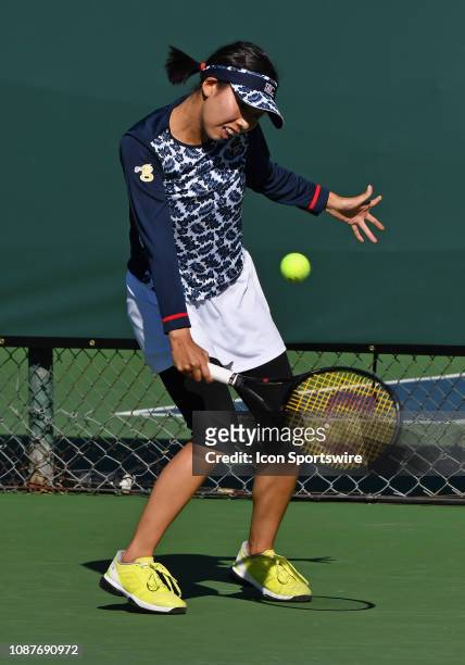 Mayo Hibi in action in a match played during the Oracle Challenger Series, on January 23 at the Newport Beach Tennis Club in Newport Beach, CA.