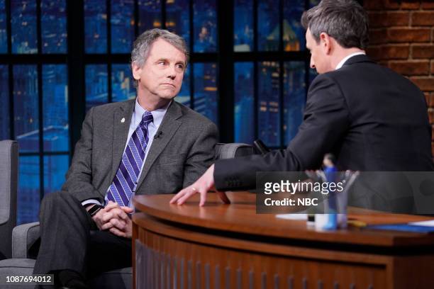 Episode 787 -- Pictured: Senator Sherrod Brown during an interview with host Seth Meyers on January 23, 2019 --