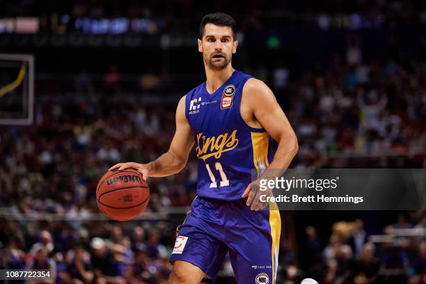 Kevin Lisch of the Kings controls the ball during the round 11 NBL match between the Sydney Kings and the Brisbane Bullets at Qudos Bank Arena on...