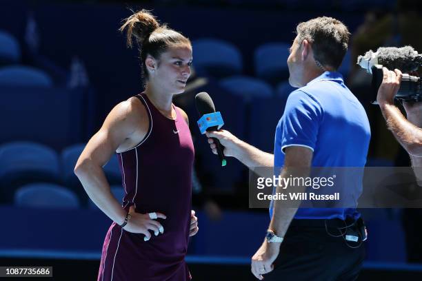 Maria Sakkari of Greece is interviewed after defeating Katie Boulter of Great Britain in the women's singles match during day one of the 2019 Hopman...