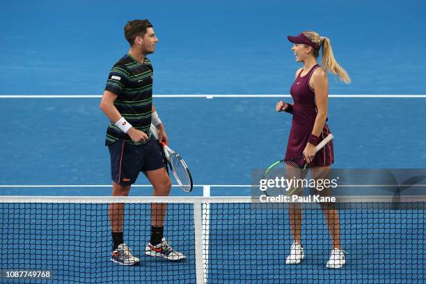 Cameron Norrie and Katie Boulter of Great Britain celebrate winning the mixed doubles match against Stefanos Tsitsipas and Maria Sakkari of Greece...