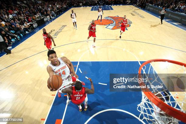 Allonzo Trier of the New York Knicks shoots the ball against the Houston Rockets on January 23, 2019 at Barclays Center in Brooklyn, New York. NOTE...