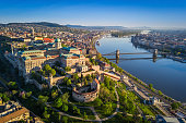 Budapest, Hungary - Beautiful aerial skyline view of Budapest at sunrise with Szechenyi Chain Bridge over River Danube, Matthias Church and Parliament