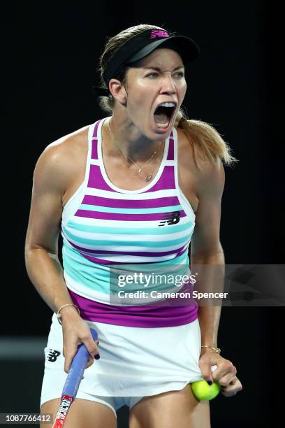 Danielle Collins of the United States reacts in her Women's Semi Final match against Petra Kvitova of the Czech Republic during day 11 of the 2019...