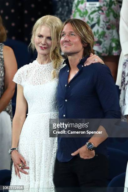 Nicole Kidman and Keith Urban smile following the Women's Semi Final match between Petra Kvitova of the Czech Republic and Danielle Collins of the...
