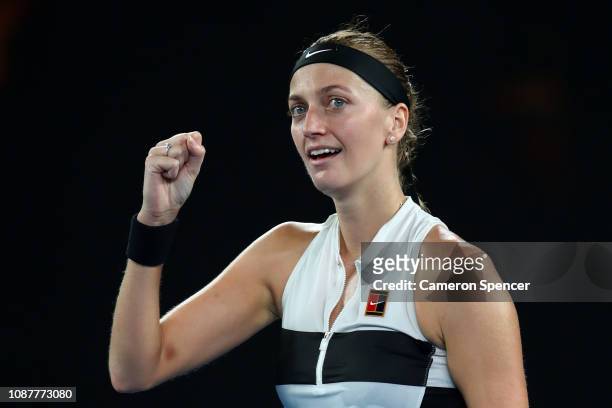 Petra Kvitova of the Czech Republic celebrates match point in her Women's Semi Final match against Danielle Collins of the United States during day...