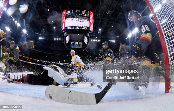 Nate Schmidt of the Vegas Golden Knights saves a shot during the third period against the Nashville Predators at T-Mobile Arena on January 23, 2019...