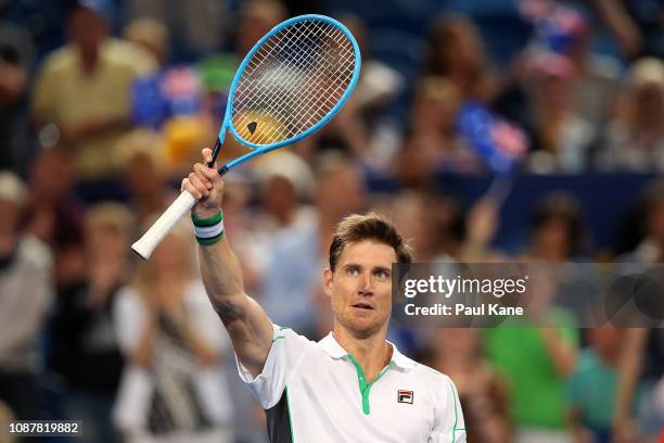 Matt Ebden of Australia celebrates winning his singles match against Lucas Pouille of France during day one of the 2019 Hopman Cup at RAC Arena on...