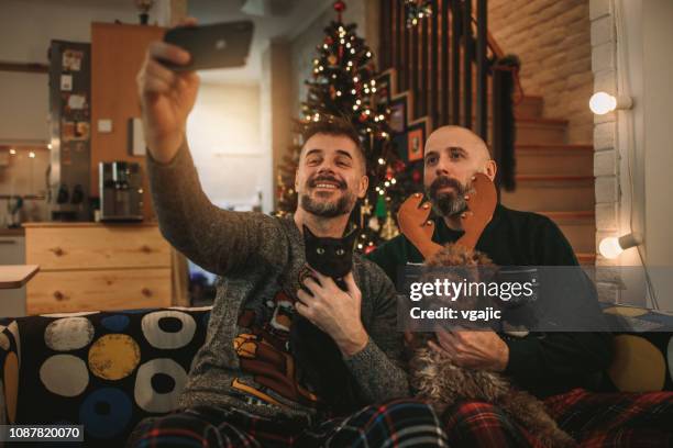 gay paar feiert weihnachten - cat selfie stock-fotos und bilder