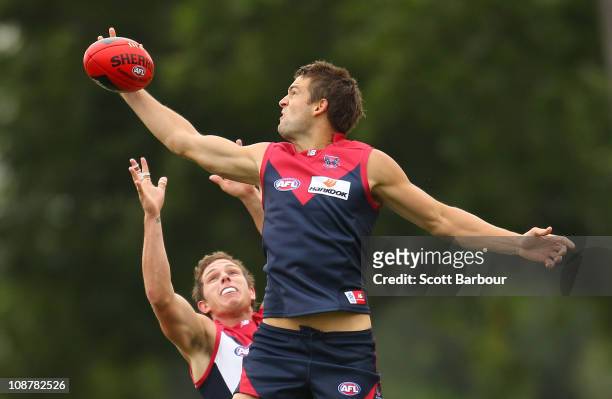Jared Rivers of the Demons competes for the ball during the Melbourne Demons AFL Intra Club match at Goschs Paddock on February 3, 2011 in...