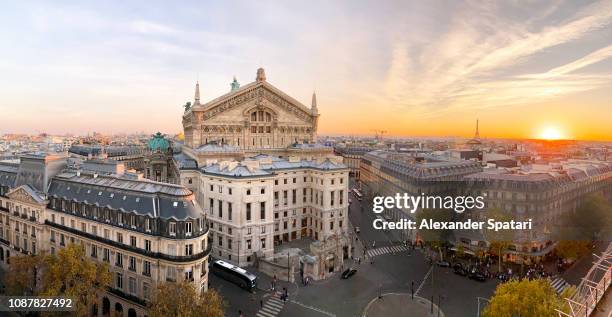 panoramic view of paris skyline with garnier opera and eiffel tower during sunset, paris, france - teatro lirico foto e immagini stock