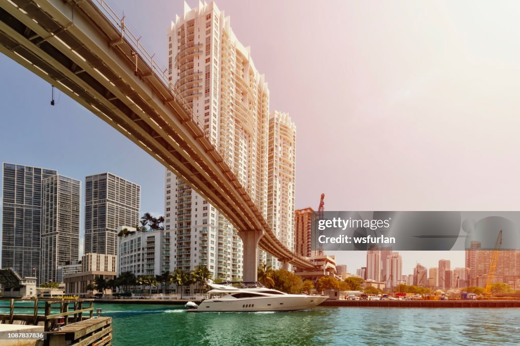 在邁阿密河上的一座橋下經過的船。