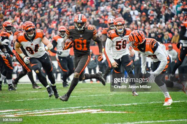 Wide receiver Rashard Higgins of the Cleveland Browns evades a take from cornerback Darius Phillips of the Cincinnati Bengals to score a touchdown...